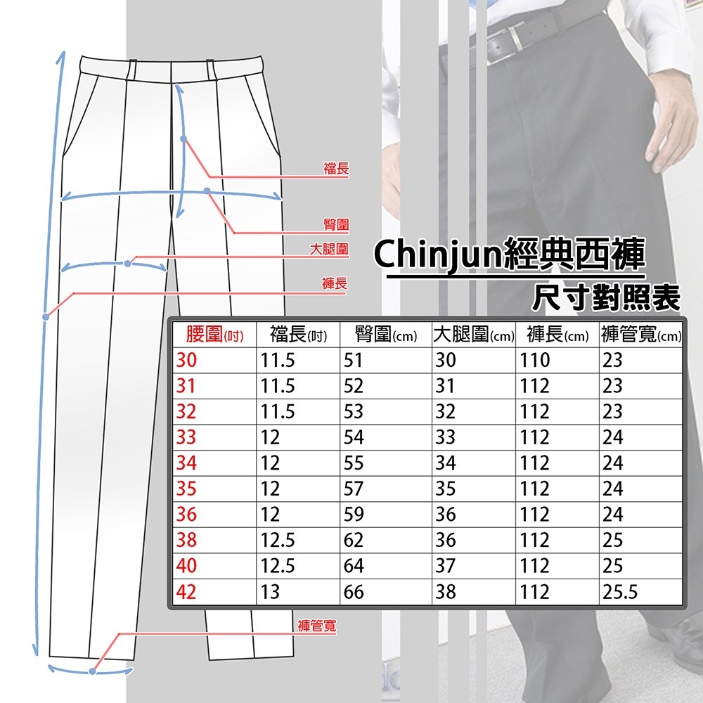 【Chinjun】正統上班族西裝褲100%免燙，打折素色深藍黑-圖片-1