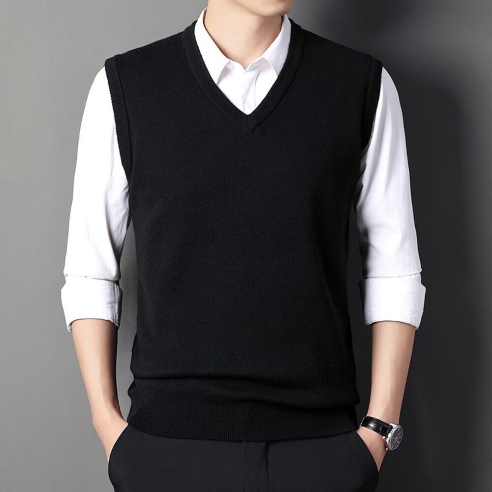 SV_BL-Chinjun羊毛針織背心-黑色｜V領針織毛衣、親膚保暖、商務男裝、休閒穿搭