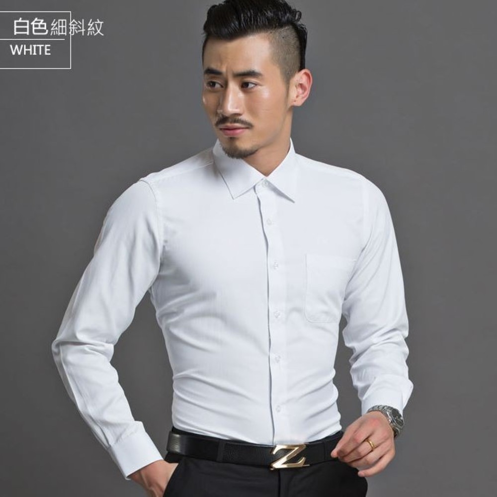 wlong-【WEISHTON】韓版修身抗皺襯衫-長袖-素色白、素色黑、白底直條、白底白斜紋、藍底藍斜紋
